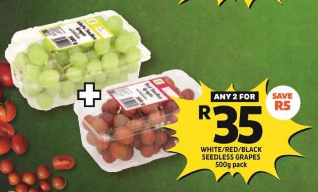 White / Red / Black Seedless Grapes 2 x 500g offer at Shoprite