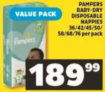 Shoprite Pampers Baby -Dry Disposable Nappies 36 / 42 / 45 / 50 / 58 / 68 / 76 per pack offer