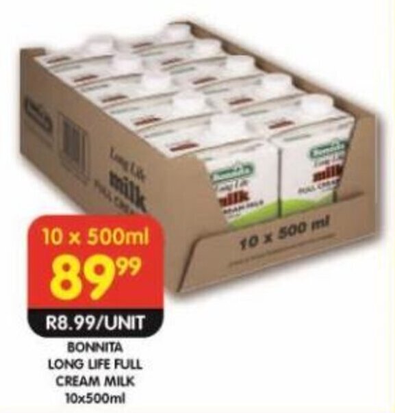 Bonnita Full Cream Milk 10 x 500ml offer at Shoprite