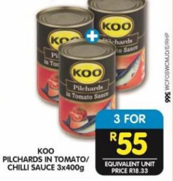 Koo Pilchards in Tomato / Chilli Sauce 3 x 400g offer at Shoprite
