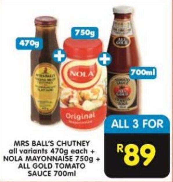 Mrs Ball's Chutney all variants 470g + Nola Mayonnaise 750g + All Gold