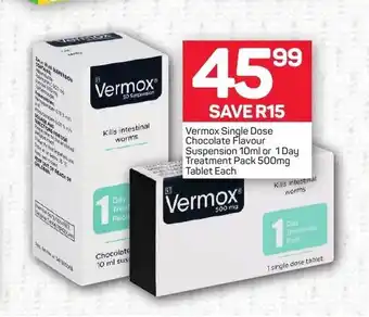 Vermox Single Dose Chocolate Flavour Suspension 10ml or 1 Day Treatment Pack 500mg Tablet each