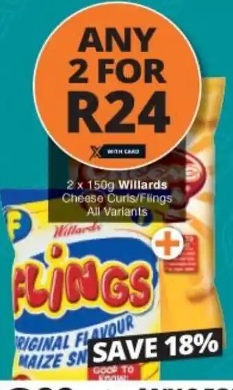 Checkers Liquor Shop Willards Cheese Curls / Flings All Variants 2x150g offer