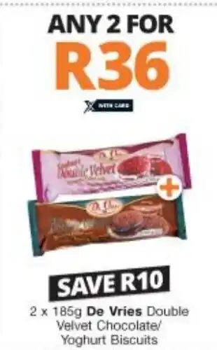 Checkers Liquor Shop De Vries Double Velvet Chocolate/Yoghurt Biscuits 2x185g offer