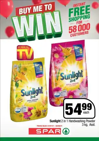 Spar Sunlight 2 in 1 Handwashing Powder 3kg, Asst. offer