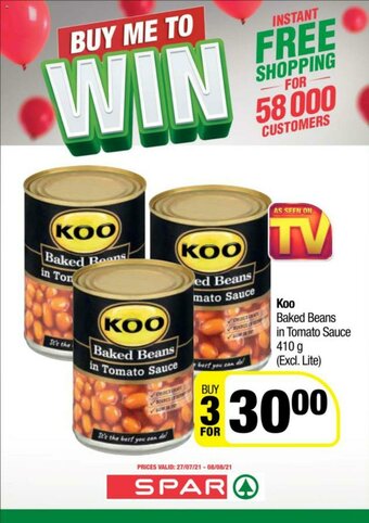 Spar Koo Baked Beans in Tomato Sauce 410g offer