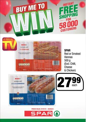 Spar Spar Red or Smoked Viennas 500g offer