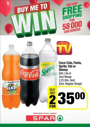 Spar Coca-Cola, Fanta, Sprite , Tab or Stoney 2.25Ltre Asst offer