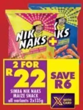 Shoprite Simba Nik Naks Maize Snack all variants 2 x 135g offer