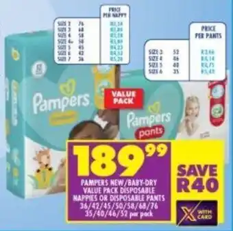 Shoprite Pampers New / Baby Dry Value Pack Disposable Nappies or Pants 36 / 42 / 45 / 50 / 58 /68 /76 - 35 / 40 / 46 / 52 per pack offer