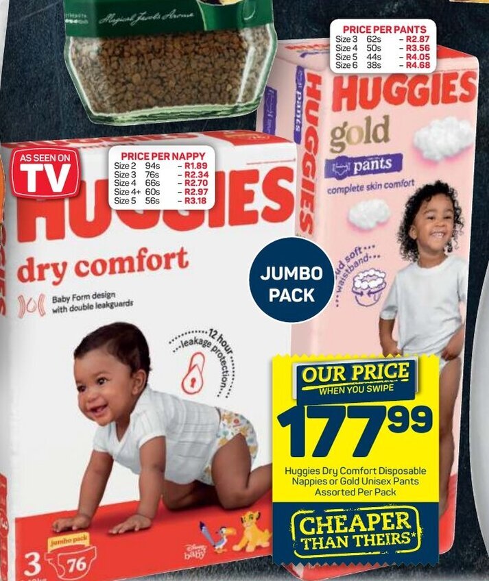 Huggies Dry Comfort Disposable Nappies or Gold Unisex Pants assorted