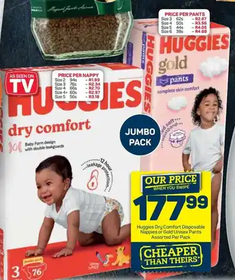 Pick n Pay Huggies Dry Comfort Disposable Nappies or Gold Unisex Pants assorted per pack offer