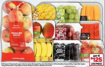 Pick n Pay PnP Dessert Peaches, Kiwi, Queen Pineapple or White Seedless Grapes, Cripps Red Apples, Bananas, Mango or Blueberries any 4 offer