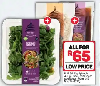 Pick n Pay PnP Stir Fry Spinach 400g, Honey and Ginger Soy Sauce 100ml and Noodles 250g offer