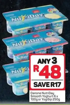 Pick n Pay Danone Nutriday Smooth Yoghurt 100g or YogiSip 250g any 3 offer