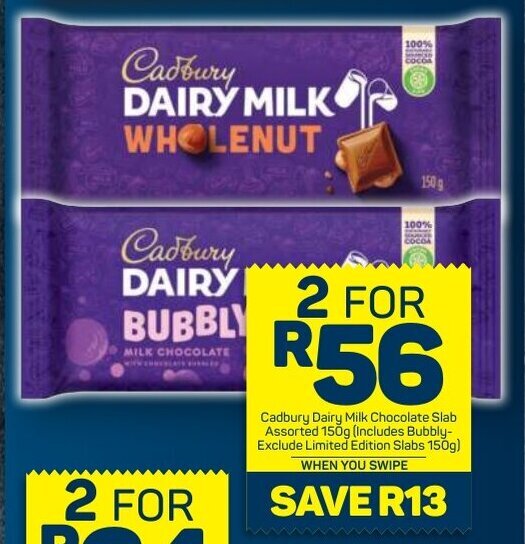 Cadbury Dairy Milk Chocolate Slab assorted 2 x 150g offer at Pick n Pay