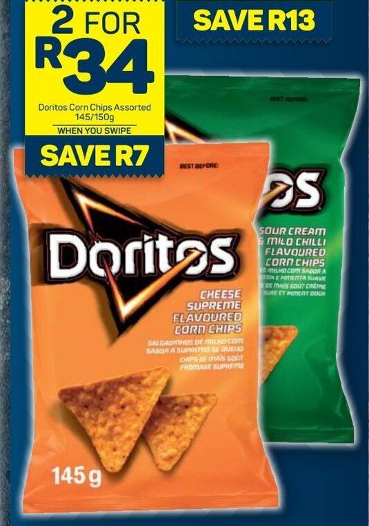 Doritos Corn Chips assorted 2 x 145 / 150g offer at Pick n Pay