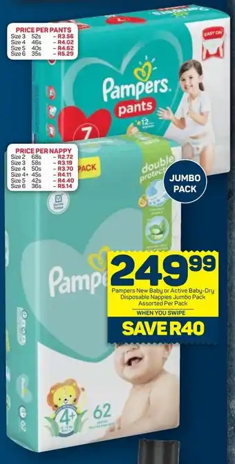 Pick n Pay Pampers New Baby or Active Baby-Dry Disposable Nappies Jumbo Pack assorted per pack offer