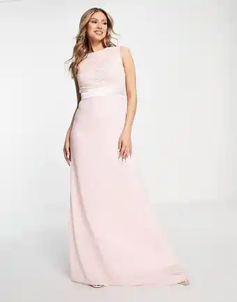 Asos Tfnc bridesmaids chiffon maxi dress with lace scalloped back in whisper pink offer