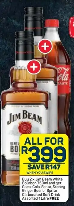 Pick n Pay Buy 2 x Jim Beam White Bourbon 750ml and Get Coca-Cola, Fanta, Stoney Ginger Beer or Sprite Carbonated Soft Drink assorted 1 offer