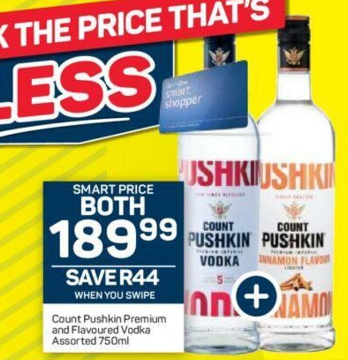 Count Pushkin Premium and Flavoured Vodka Assorted 750ml offer at Pick