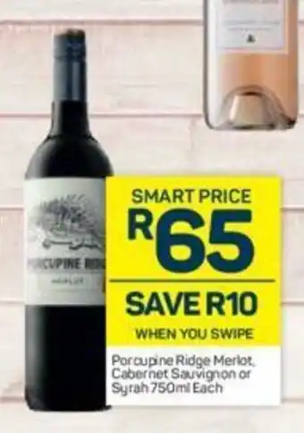 Pick n Pay Liquor Porcupine Ridge Merlot, Cabernet Sauvignon or Syrah 750ml each offer