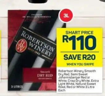 Pick n Pay Liquor Robertson Winery Smooth Dry Red, Semi Sweet Johannisberger Red or White, Crisp Dry White, Extra Light White, Ntural 3lt offer