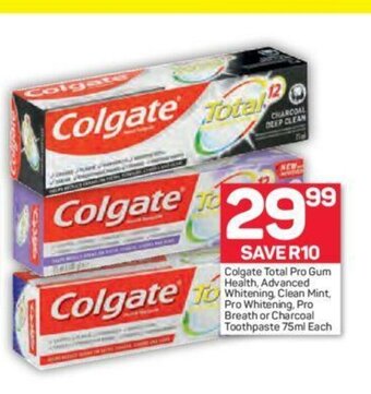 Pick n Pay Colgate Total Pro Gum Health, Advanced Whitening, Clean Mint, Pro Whitening, Pro Breath or Charcoal Toothpaste 75ml each offer
