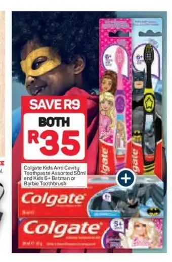 Colgate Kids Anti Cavity Toothpaste Assorted 50ml and Kids 6+ Batman or Barbie Toothbrush