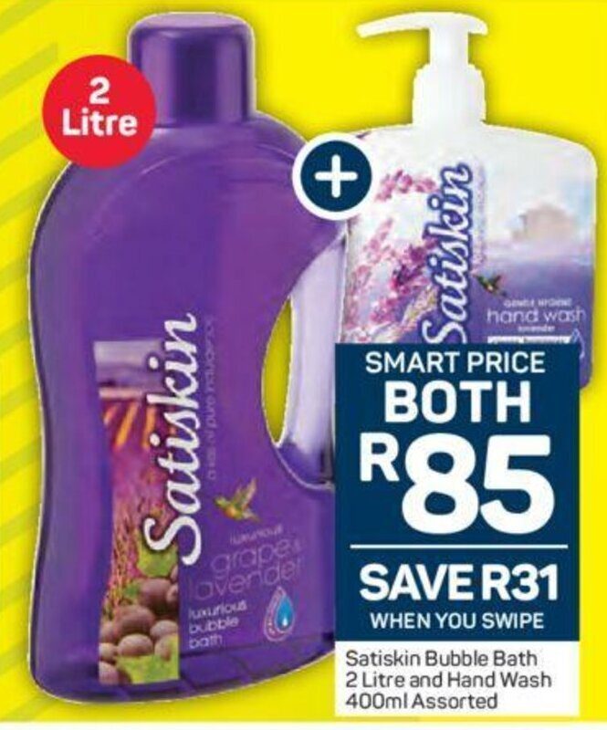 Satiskin Bubble Bath 2 Litre and Hand Wash 400ml Assorted offer at Pick