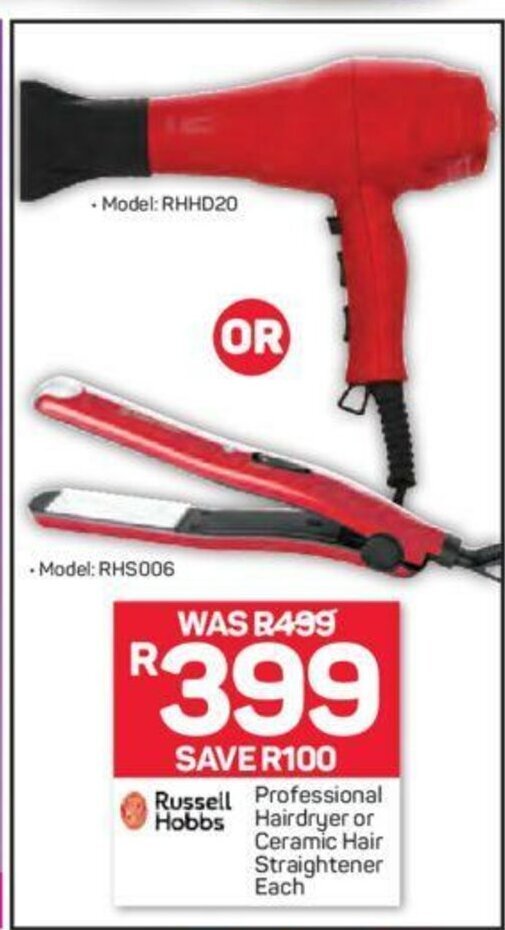 Russell Hobbs Professional Hairdryer or Ceramic Hair Straightener each