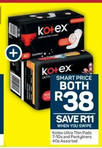 Pick n Pay Kotex Ultra Thin Pads 7-10s and Pantyliners 40s Assorted offer
