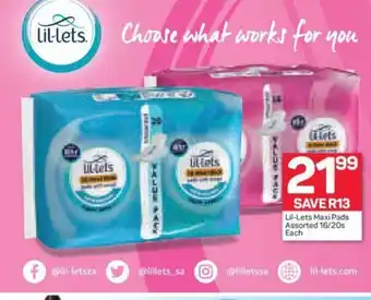 Pick n Pay Lil-Lets Maxi Pads Assorted 16/20s each offer