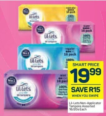 Pick n Pay Lil-Lets Non-Applicator Tampons Assorted 16/20s each offer