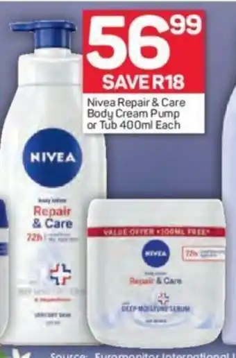 Pick n Pay Nivea Repair & Care Body Cream Pump or Tub 400ml each offer
