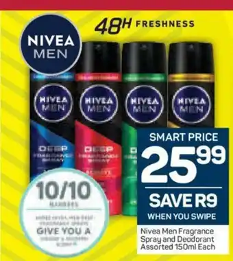 Pick n Pay Nivea Men Fragrance Spray and Deodorant Assorted 150ml each offer