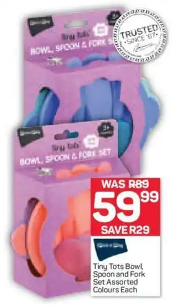 Pick n Pay PnP Tiny Tots Bowl, Spoon and Fork Set Assorted Colours each offer