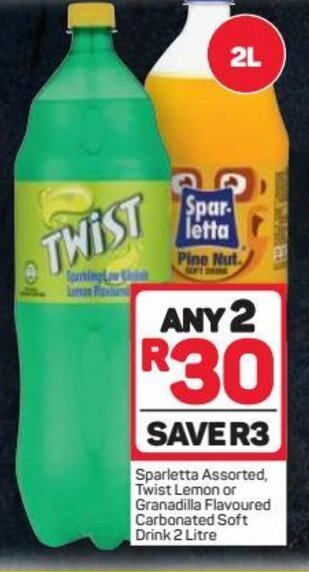 Pick n Pay Sparletta Assorted Twist Lemon or Granadilla Flavoured Carbonated Soft Drink 2 Litre offer