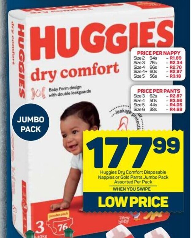 Huggies Dry Comfort Disposable Nappies or Gold Pants Jumbo Pack Assorted Per pack offer at Pick