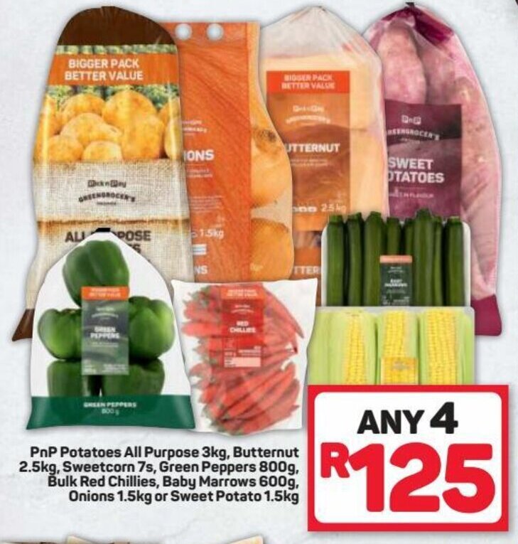 PnP Potatoes All Purpose 3kg, Butternut 2.5kg, Sweetcorn 7s, Green