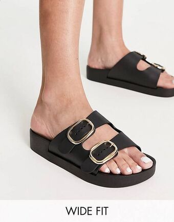 London rebel wide fit double buckle footbed sandals in white offer at Asos