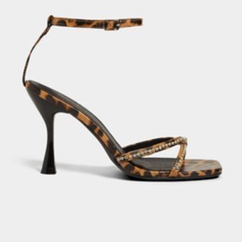 Women's brown animal print strap heel with diamante detail