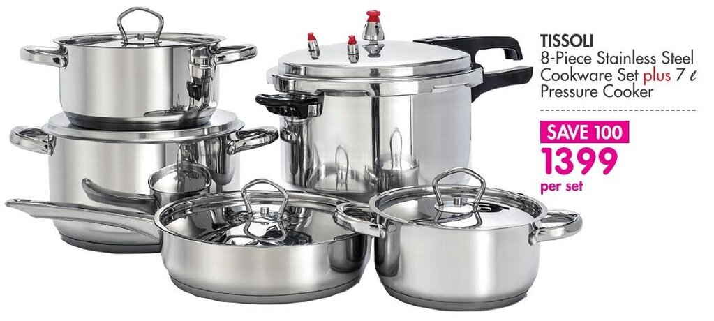 Tissoli 8 Piece Stainless Steel Cookware Set Plus 7 Pressure