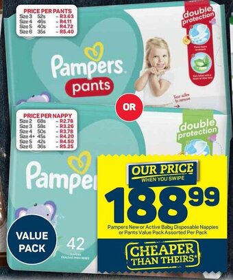 Pick n Pay Pampers New or Active Baby Disposable Nappies or Pants Value Pack Assorted Per Pack offer