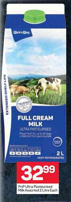 Pick n Pay PnP Ultra Pasteurised Milk Assorted 2 Litre Each offer