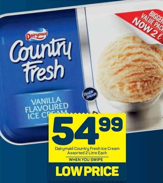 Dairymaid Country Fresh Ice Cream Assorted 2 Litre Each offer at Pick n Pay