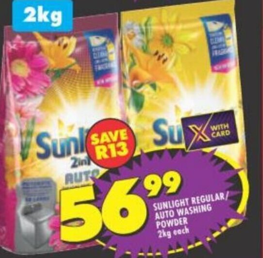 Sunlight Regular/Auto Washing Powder 2kg each offer at Shoprite