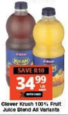Checkers Clover Krush 100% Fruit Juice Blend All Variants offer