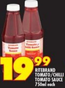 Shoprite Ritebrand Tomato/Chilli Tomato Sauce 750ml each offer