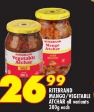 Shoprite Ritebrand Mango/Vegetable Atchar all variants 380g each offer
